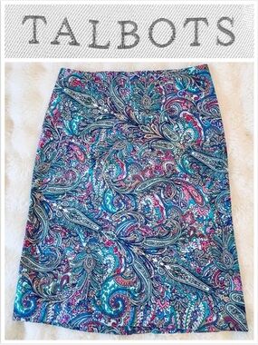 Talbots Pencil Skirt Paisley blue teal pink purple cream cotton office casual 8